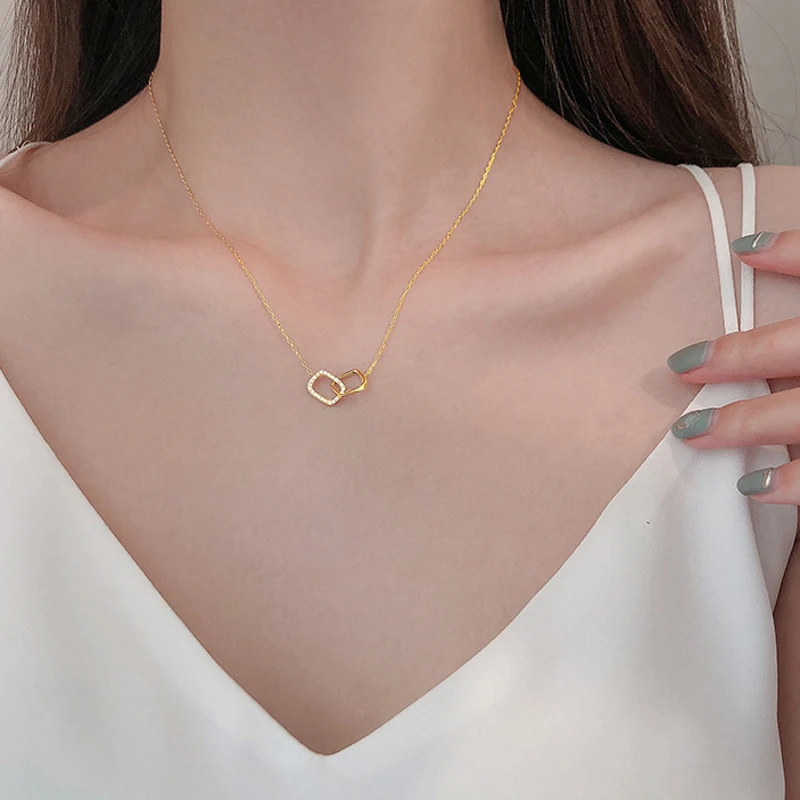 Neue S925 Silber Runde Halsband Zirkon Für Frauen Mode Kette Minimalistischen Dainty Doppel Kreis Anhänger Halskette Hals Edlen Schmuck – Detail 16