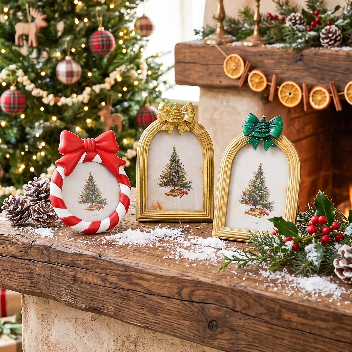 1PC, Christmas Decorations Resin Frame with Christmas Bows, Christmas Photo Frame, Festival-themed Frame