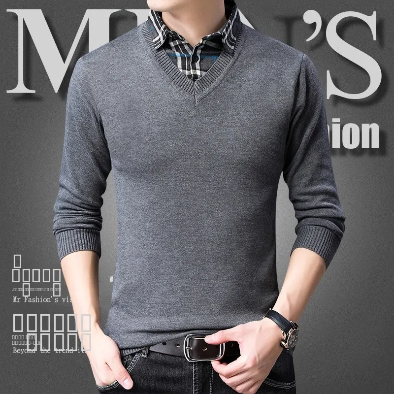 

Spring Autumn Men's Knitted Long Sve T-irt Thin V-Ne Fake Two-Piece Slim Fit Faionable irt Casual Youth Vitali S...