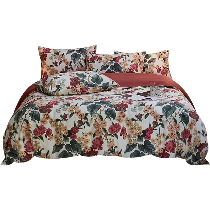 Printed retro style long-staple cotton four-piece set, pure cotton pastoral flower quilt cover, four-season American stylesheets