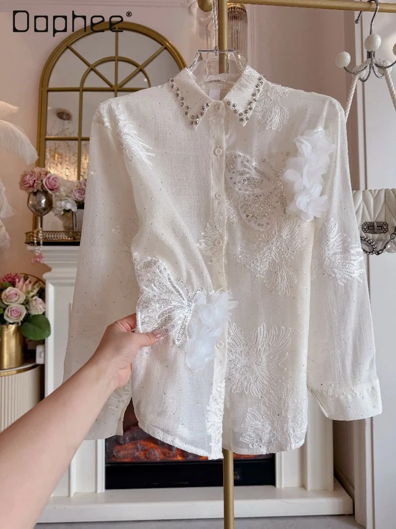 

Женская блузка с длинным рукавом в корейском стиле 2026: расшитая бисером и стразами, с кружевом и бабочками, свободного кроя, для создания нежного образа