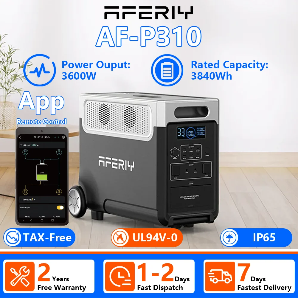 Estación de energía portátil AFERIY AF-P310, capacidad de 3840 Wh, salida de 3600 W, 4 baterías de larga duración, expansión a 11.52 kWh, funcionamiento silencioso de 30 dB, ideal para energía doméstica y uso en exteriores.