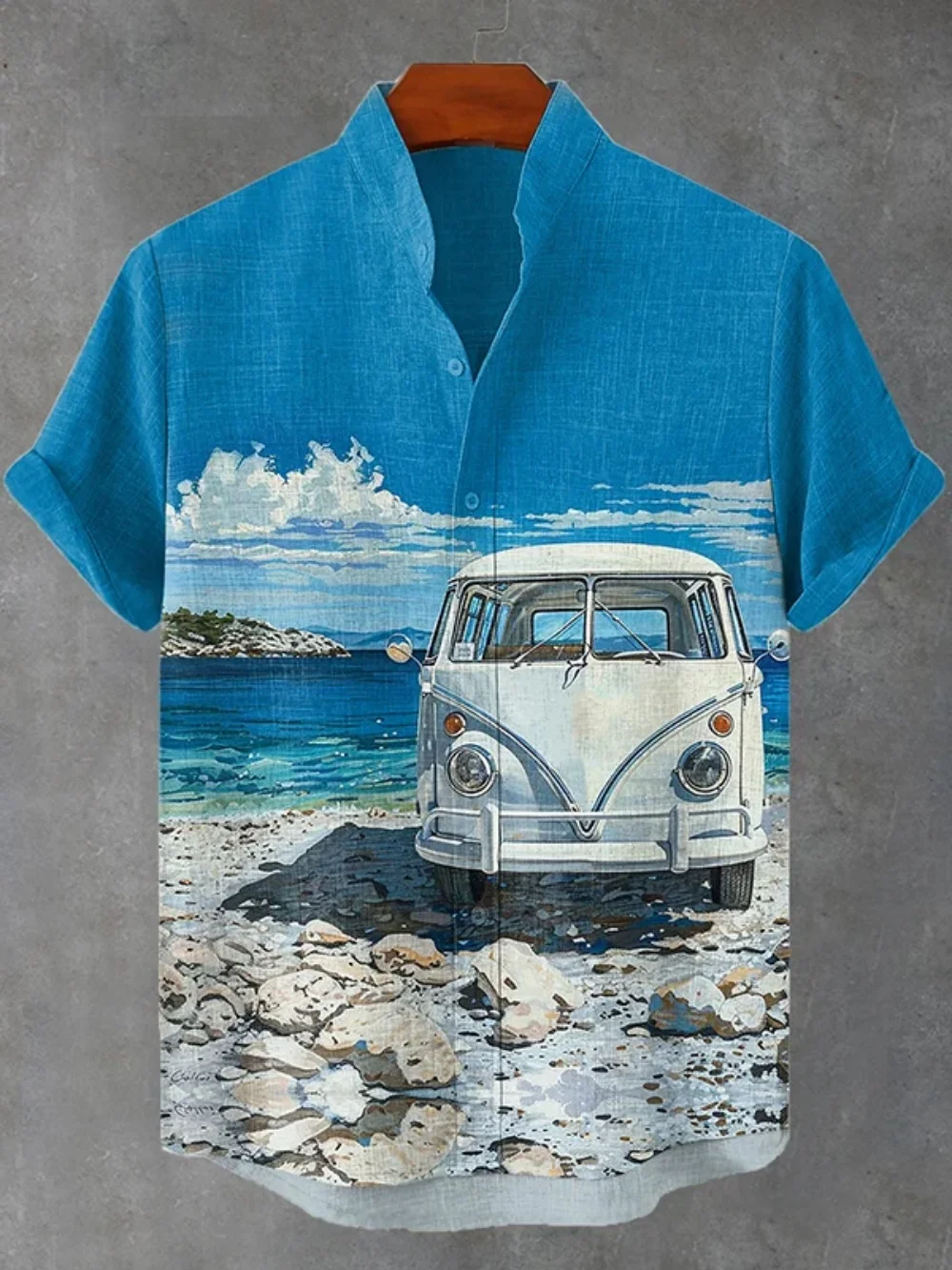 Summer 2025 Men's Linen Shirt Hawaiian Beach Short Sleeve Stand up Collar Cardigan Casual Breathable Top