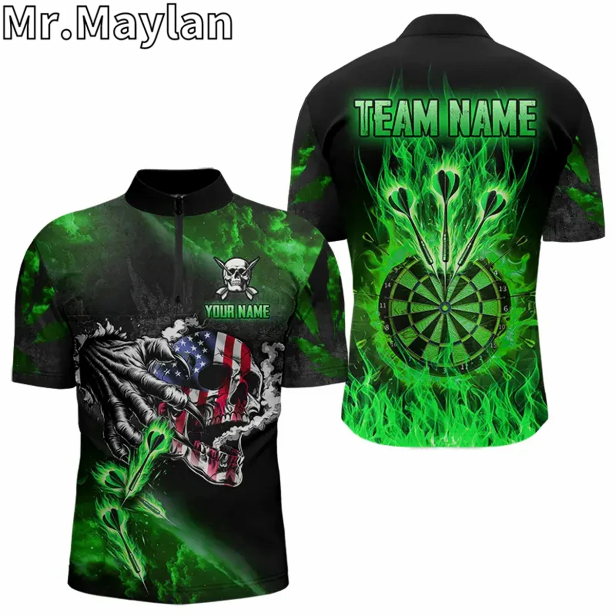 

Men's 3D Green Fire Flame Dart Board American Flag Skull Custom Team Jersey Polo Quarter Zip Shirts for Darts Players