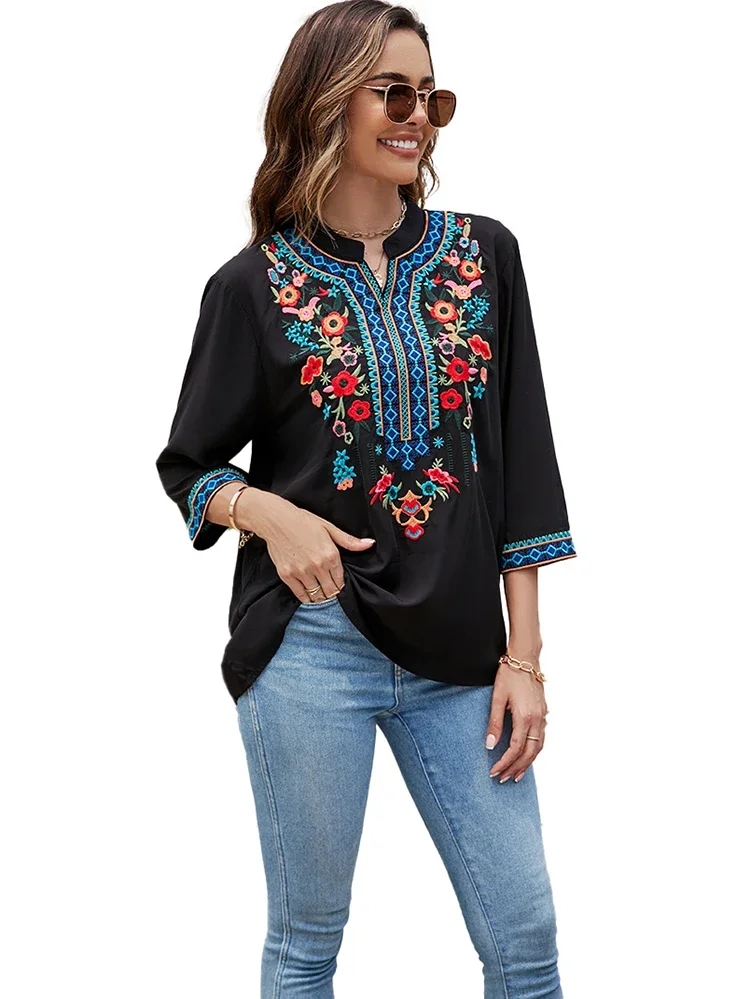 KHALEE YOSE Floral Embroidery Blouse Shirt Boho Vintage Summer Spring Mexican Shirt Women Long Sleeve 2xl 3XL Ethnic Shirt Top