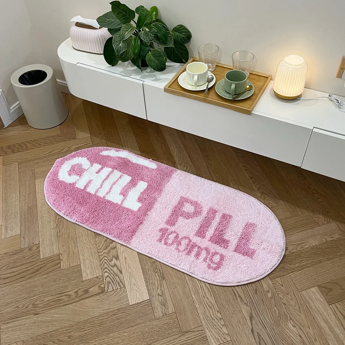 Pink and Blue Chill Pill Flocking Rug Oval Tufted Rug Bath Mat Door Floor Mat Home Decor Carpet Camping Mat Waterproof Anti-Slip