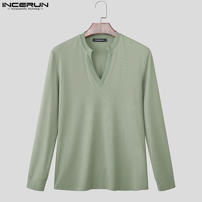

INCERUN Мужская футболка сплошной цвет с v-образным вырезом и длинным рукавом трикотажная уличная одежда мужские футболки осенняя мода повседневная мужская одежда 2025