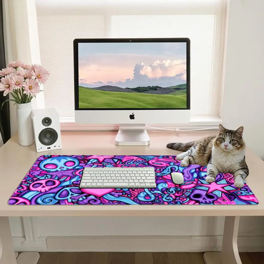Graffiti Cartoon Skull Large Mouse Pad XXL Pink Purple Blue Neon Doodle Art Kawaii Skeleton Stars Hearts Swirl Pattern