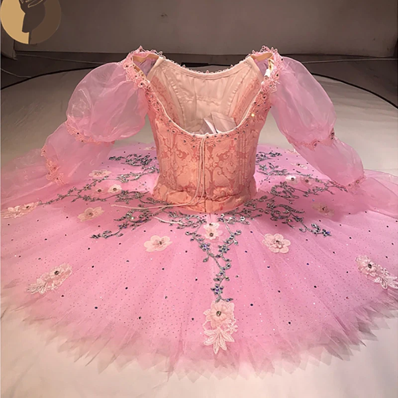 FLTOTURE 10 Layers Long Sleeve Pink Tutu Skirt Girls Fairy Doll Ballet Variation Stage Costume Nutcracker Pancake Dress YW366