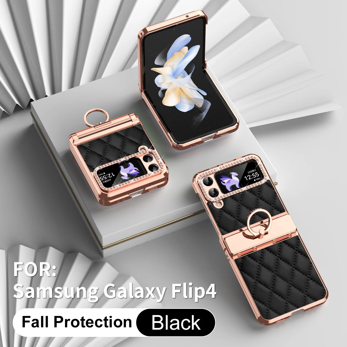 Etui Samsung Galaxy Z Flip 4 3, luksusowe etui ze skóry PU, twarde PC, galwanizowana ramka, zawias, odporna na wstrząsy, uchwyt pierścieniowy — zdjęcie 4
