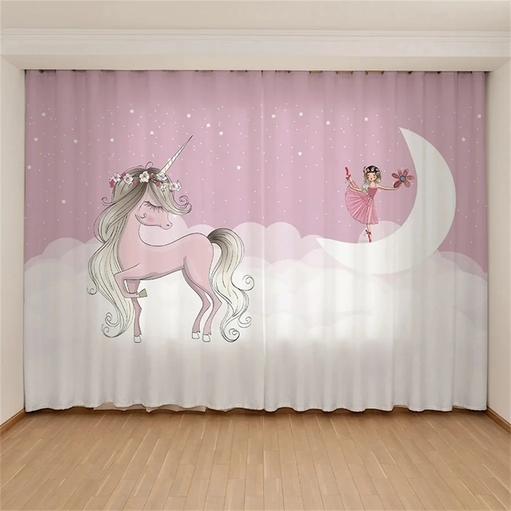 Cartoon Ballerina Princess Swan Pink Children's Cheap 2 Pieces Thin Curtain for Kid Teenagers Bedroom Living Room Window Decor