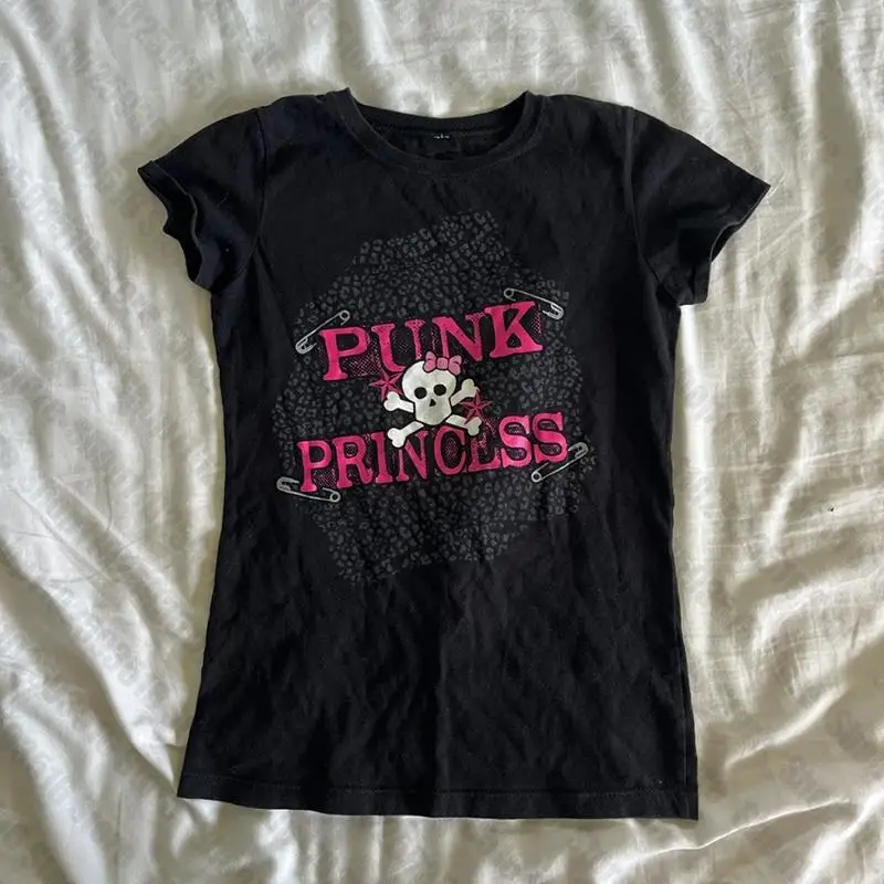 Y2k укороченный топ женские футболки в стиле Харадзюку готический милый буквенный череп Harajuku уличная одежда графическая тонкая футболка Kawaii летняя женская одежда