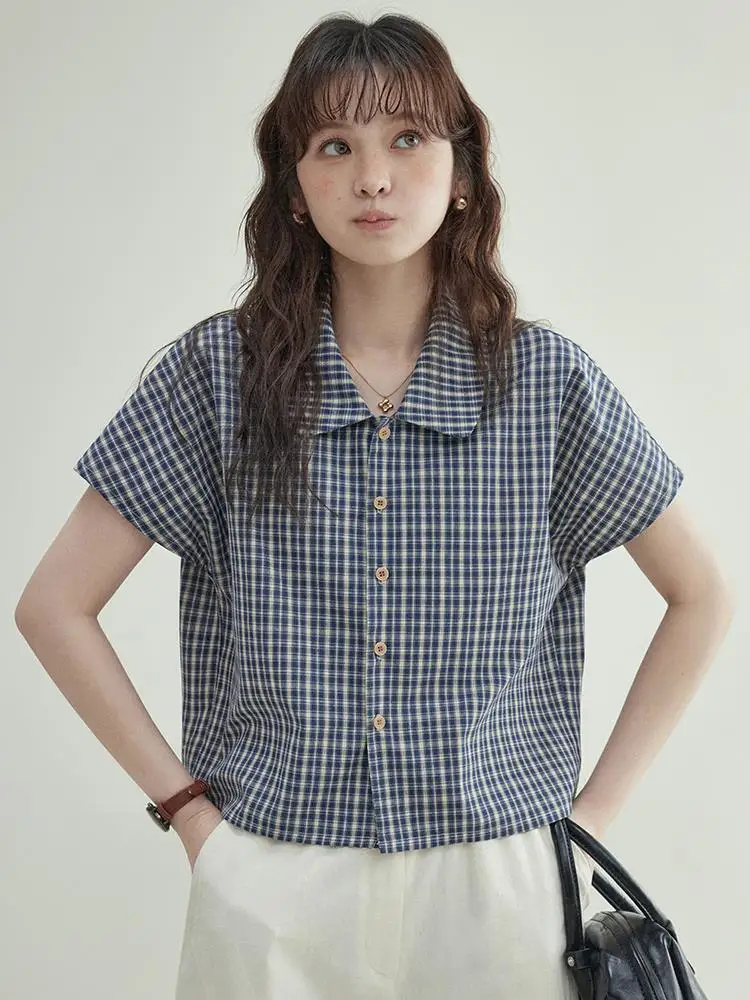 

Summer Fashion New Women's Shirt Casual Plaid Lapel Short Top
