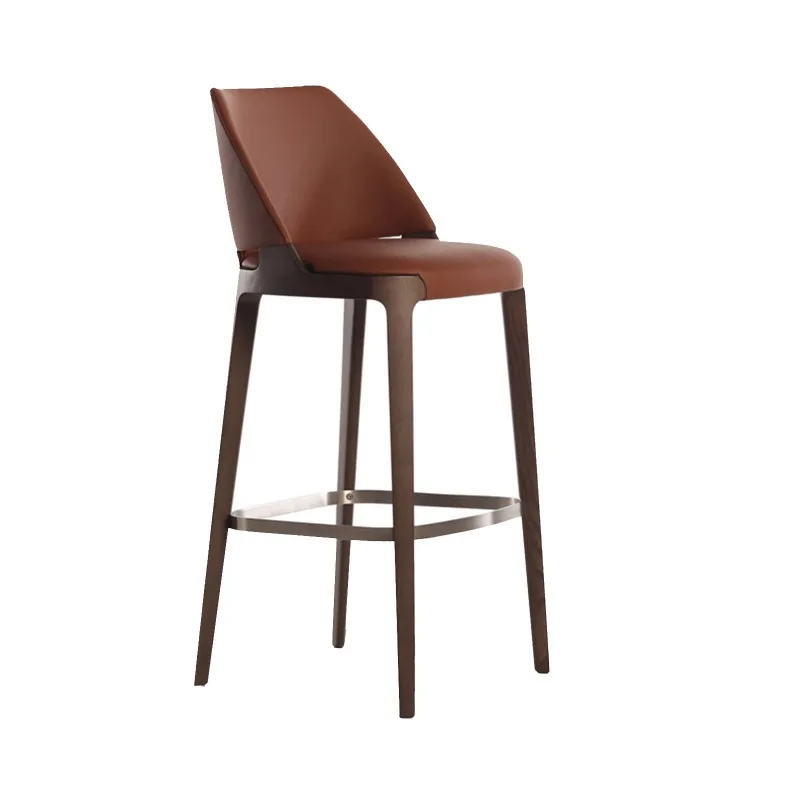 

Modern Nordic Luxury Wooden Tall Bar Stool Modern Orange Leather Counter High Bar Chair Kitchen for Home Furniture