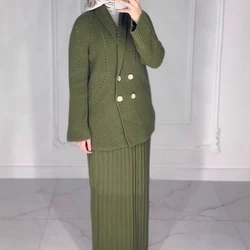 Spring Women Knit Two Piece Set Lapel Long Sleeve Button Sweater+Folded High Waist Knee Bust Skirt Autumn Female Knitted Outfit