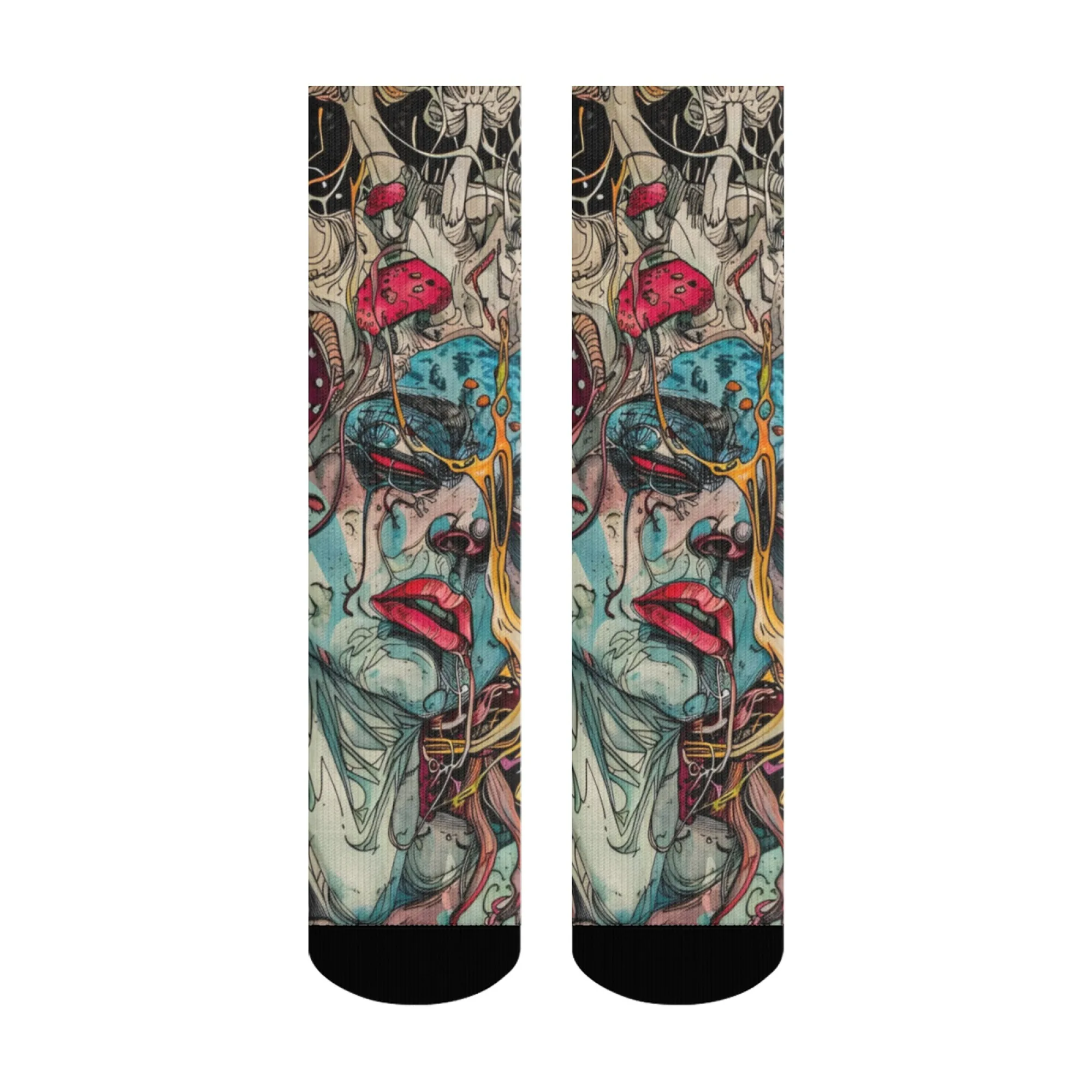 Surreal Artistic Psychedelic Socks，Face with Mushrooms Flowing Shapes Face Colorful Design Crew Socks，Novelty Crazy Street Style