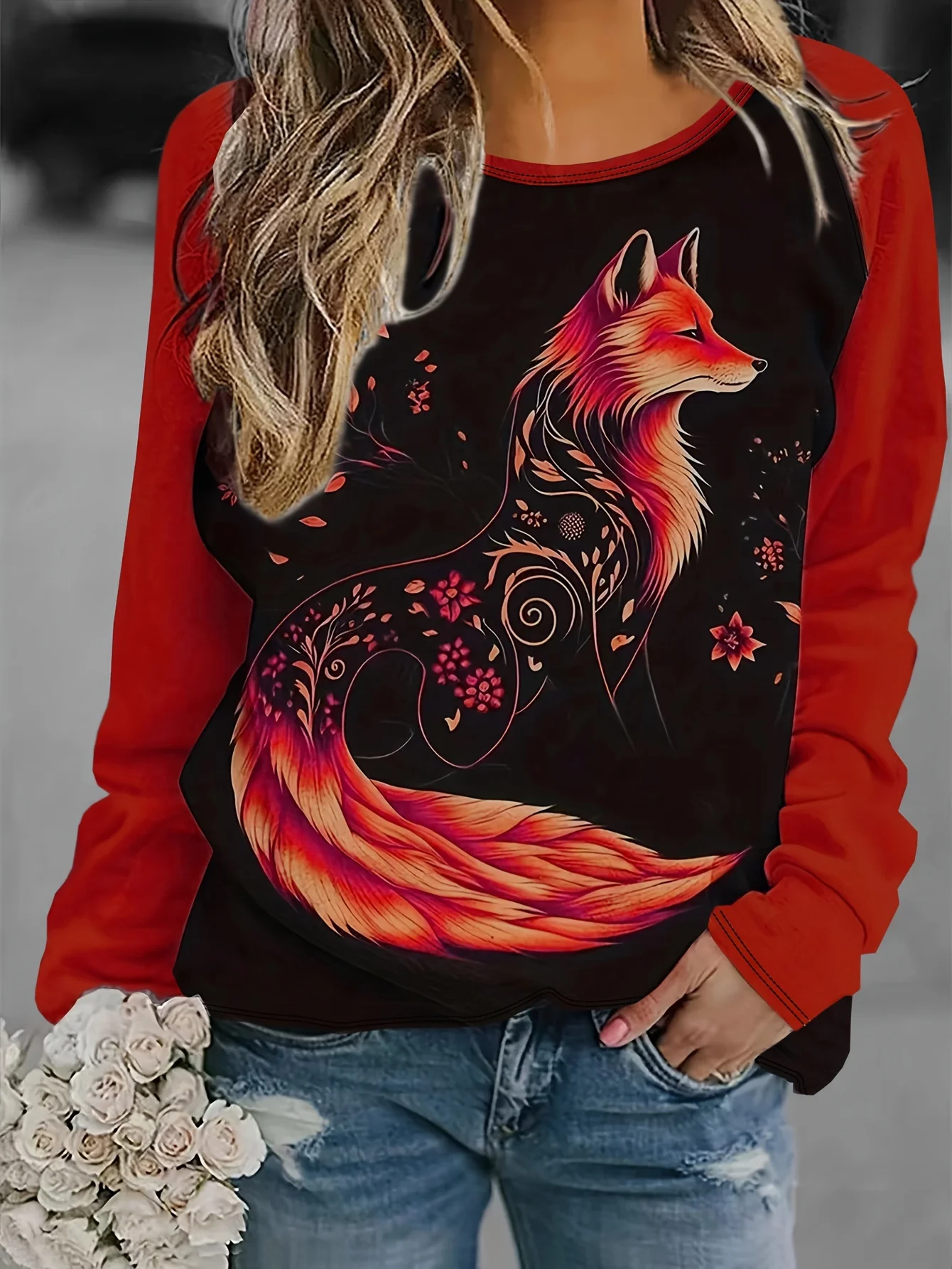 Women\'s 2024 sleeves stitching fox print round neck long sleeve party autumn casual pullover 3d printing casual fashion tops