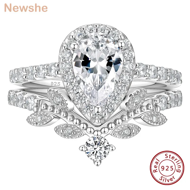 Newshe Vintage Wedding Rings for Women 925 Sterling Silver 2.7 Ct Halo Pear Shaped Cubic Zircon Bridal Set BR1802