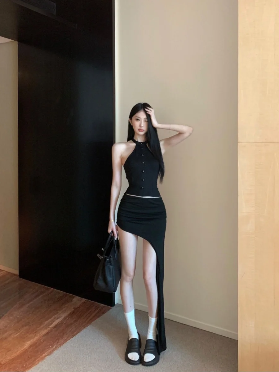 

Hot Girl Bla Slim Fit Bal ort Top Bot Skirt Asymmetrical Design Two Piece Set Polyester Material Summer Faion