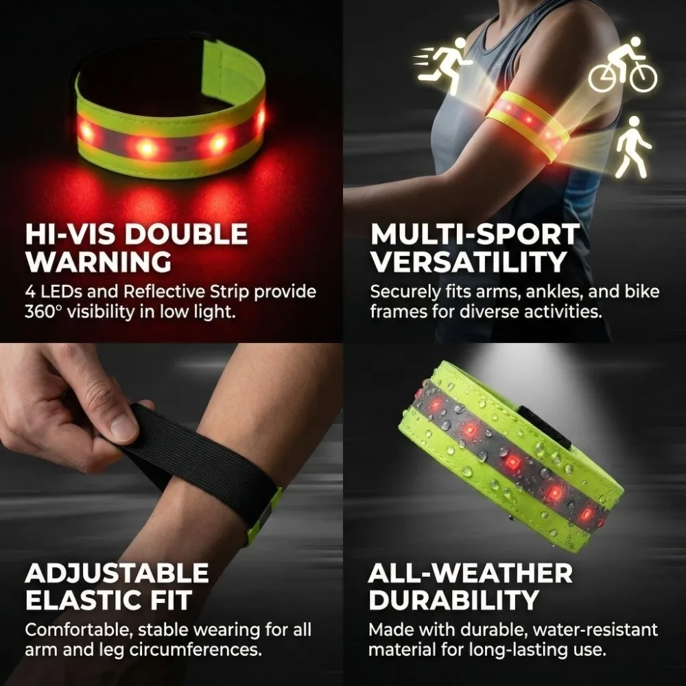 2PCS 4LED Beads Armband Multi-purpose Adjustable Wrist Band Bracelet Night Reflective Bike Safety Light Outdoor Walking