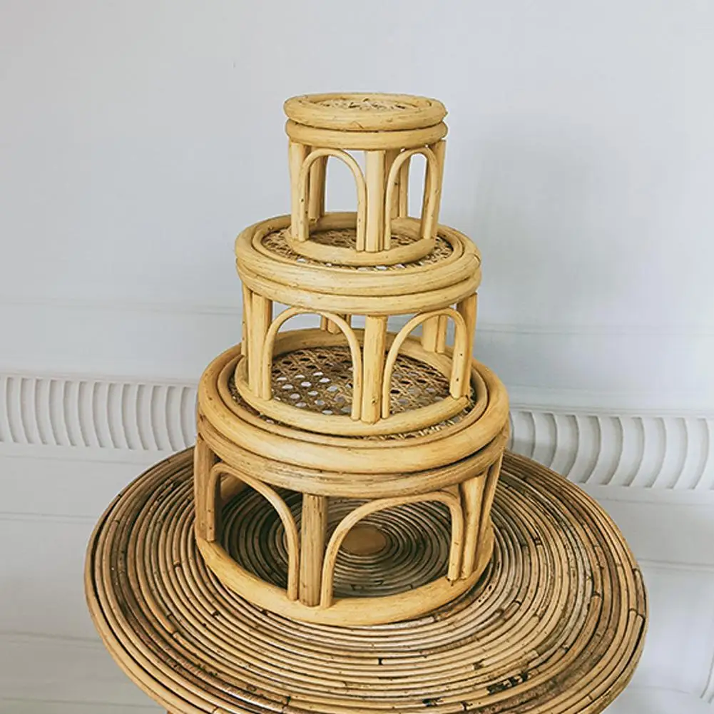 Rattan Wicker Plant Stand Farmhouse Natural Rattan Circle Pedestal For Indoor Decor Rattan Plant Basket Holder