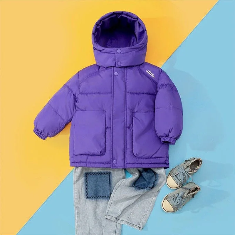 

2025 New Kids Winter Padded Jacket Thickened Hooded Short Solid Color Coat for Boys & Girls Cold Weather Essential Outerwear