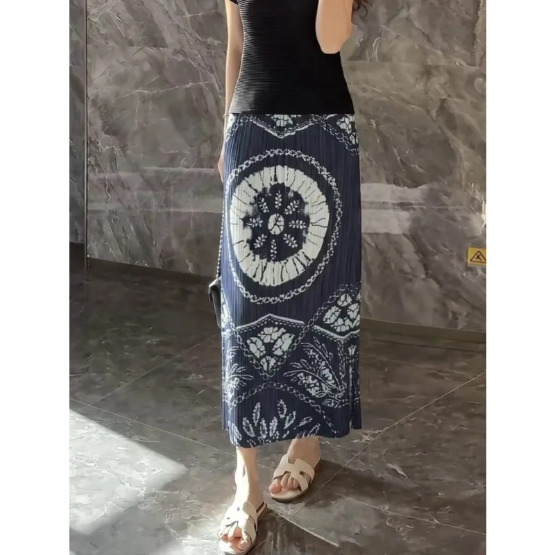 

Miyake Pleated Printed Skirt Plisse 2026 Summer New Loose Retro Pleats Jupe Ethnic Style Blue Printed Slit High Waist Fold Skirt