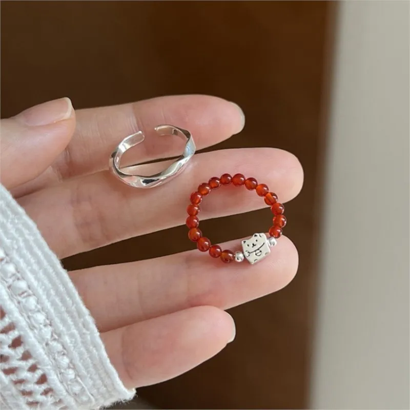 VENTFILLE-Anillo de Plata de Ley 925 para mujer, cuentas de ágata de gato de la suerte, joyería romántica bonita para oficina, regalo, triangulación de envíos