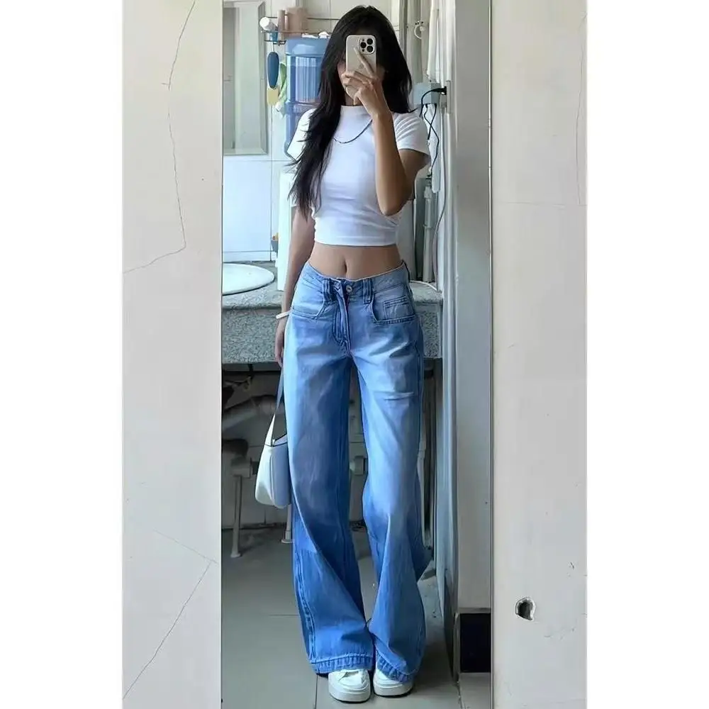 

American Large Size Blue Straight Leg Jeans Women's High Street Loose Slimming Wide Leg Pants Casual Cotton Polyester Denim