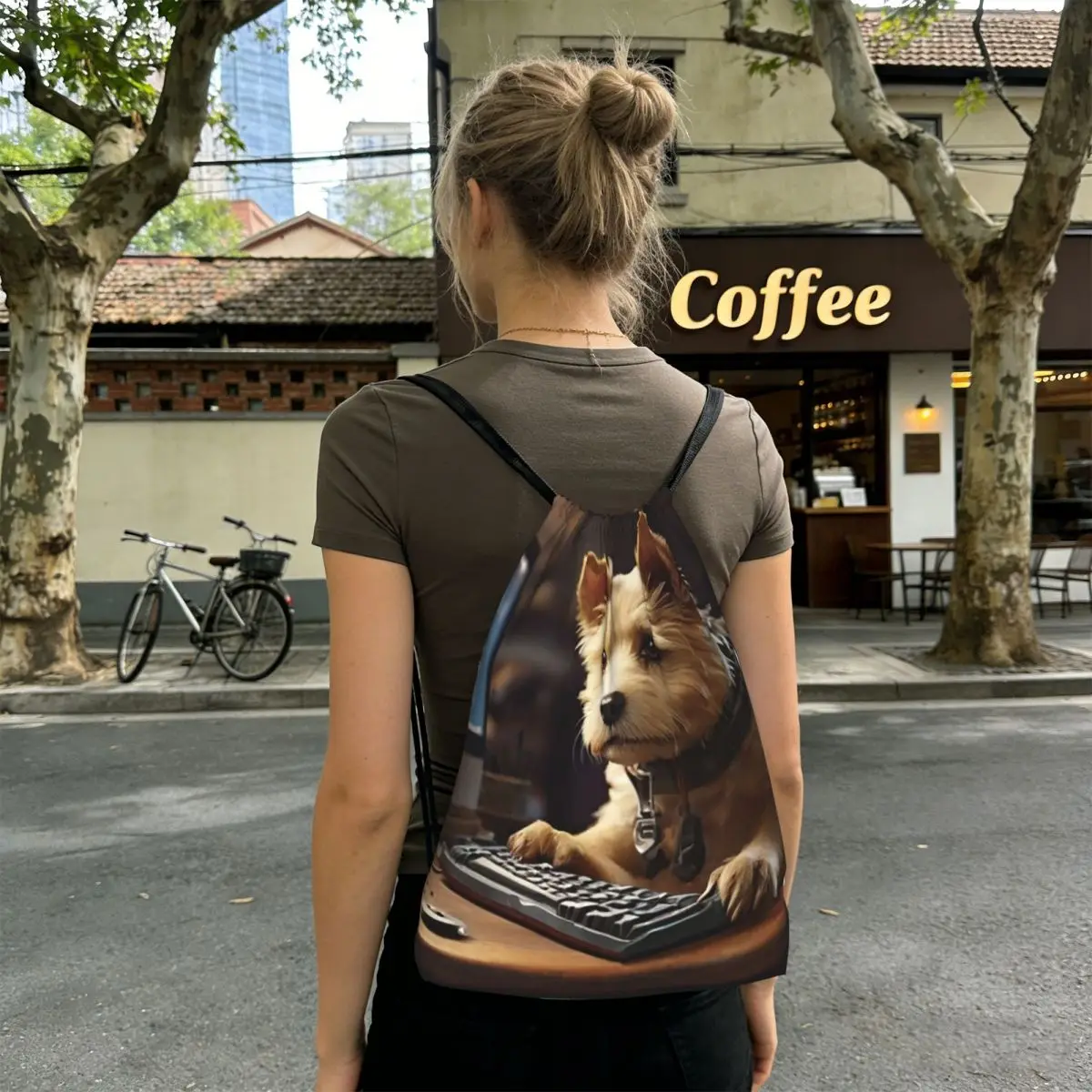 Cute Dog Puppy Looks At Computer Backpacks Casual Drawstring Bags Sports Bag Book Bags for Man Woman School
