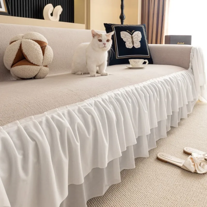 

2025 универсальный чехол для дивана из синели, французский кремовый коврик с рюшами по краям, эстетический противоскользящий однотонный лоскутный охлаждающий коврик для дивана