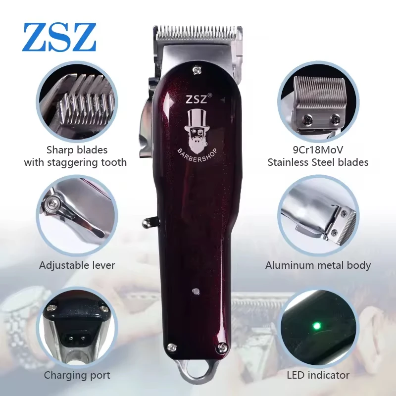 F-52 Professional Salon Cordless ZSZ Rechargeable Adjustable Factory Price OEM Barbershop Cordless Metal Hair Clippers