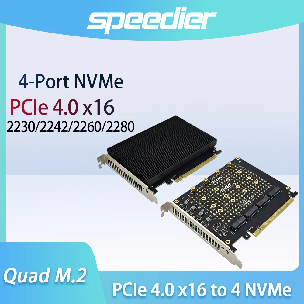PCIe 4.0 X16 To 4 NVMe M.2 SSD Adapter Card High Speed Gen4 Expansion Card Support 2230/2242/2260/2280 PCIe Bifurcation Required