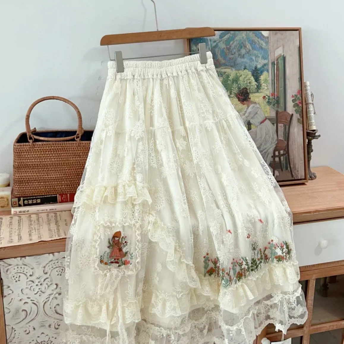 

TIYIHAILEY Cotton Lace Long Maxi Skirts Elastic Waist A Line Beige Spring and Autumn Thick New Fashion 2025 Ladies Embroidery