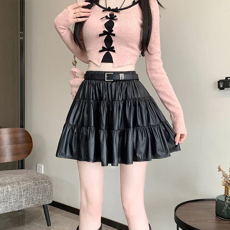 CASUMANL Brand PU Leather Skirts Females 2024 Autumn New Autumn Vintage Cake Skirt Womens Sexys Cuteore Youthful Woman Clothes