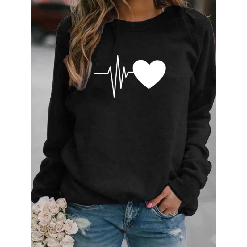 Women's Heart-shaped ECG Printed Round Neck Casual Hoodie Sweatshirts  Aesthetic  Sweatshirt  Streetwear Women  Harajuku