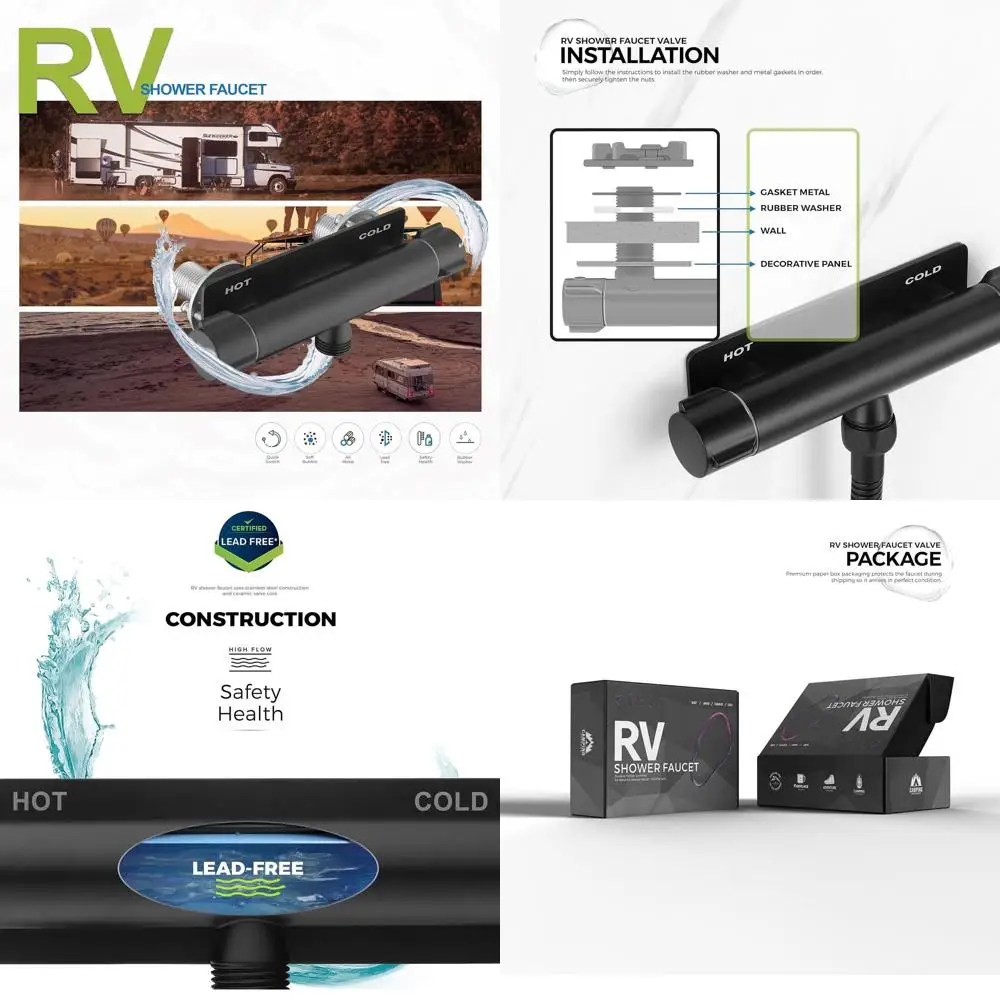 

4 Matte Black RV Shower Valve with Diverter for Indoor & Outdoor Showers - All Metal Camper Faucet Replacement