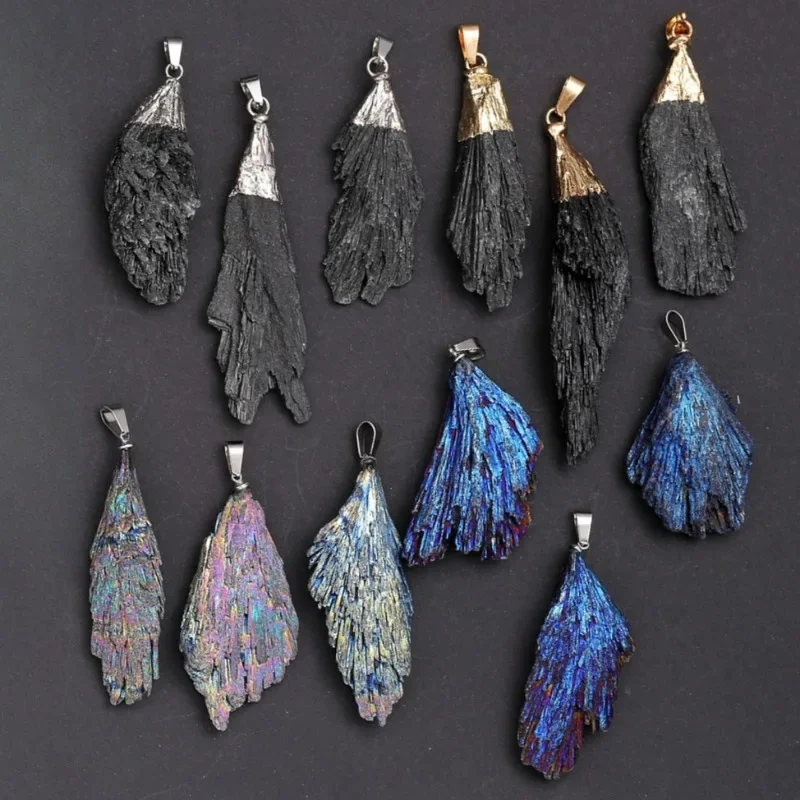 5PCS Natural Raw Black Tourmaline Cluster Pendant Fan Shape Protection Feng Shui Healing Necklace Jewelry for Women Men