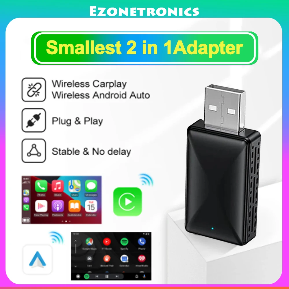 2in1 Wired to Wireless CarPlay Android Auto Adapter for OEM Car Stereo With USB Plug and Play