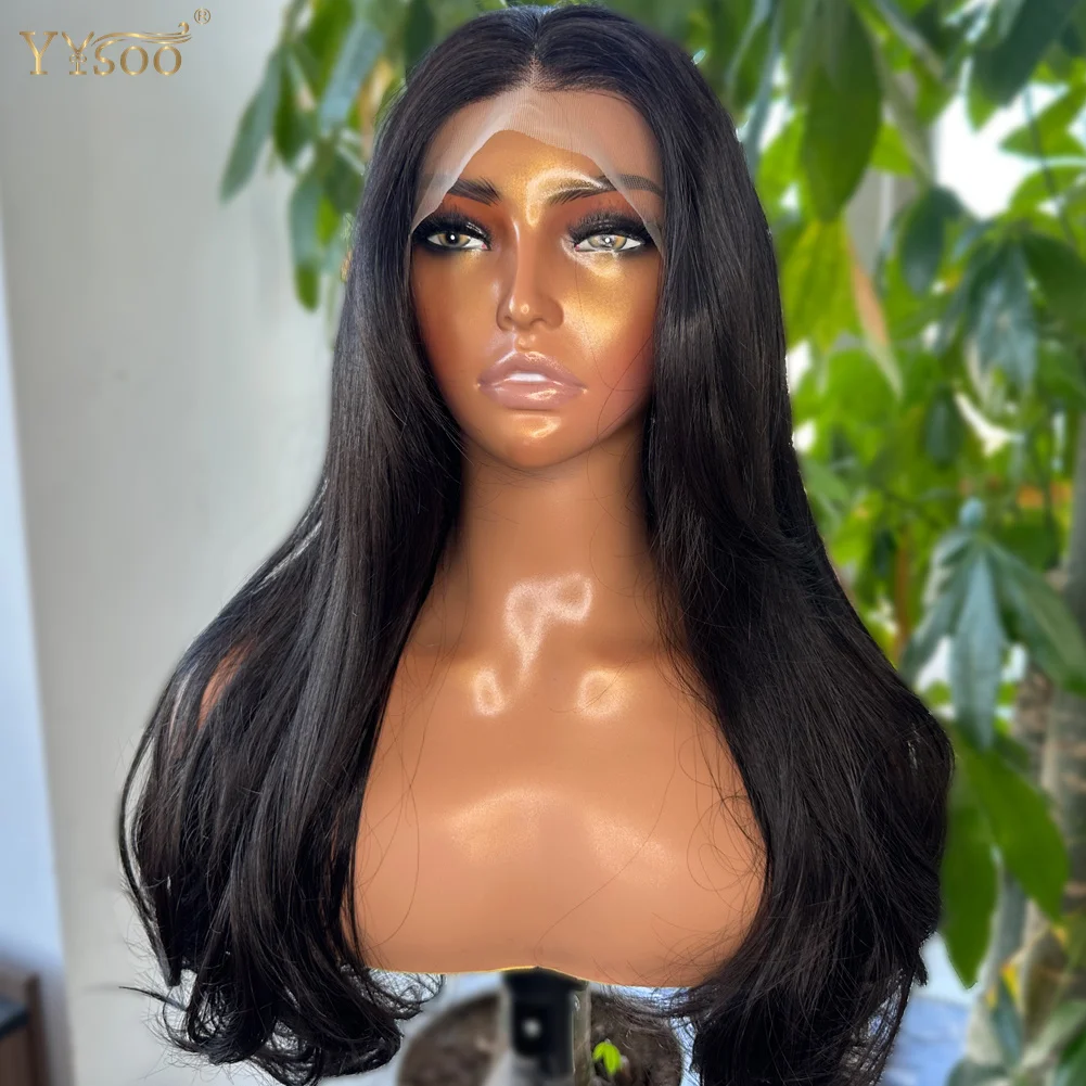 YYsoo Long 1# Black Body Wave Futura Synthetic 13x4 Glueless Lace Front Wigs with Bangs For Black Women Pre Plucked Hairline