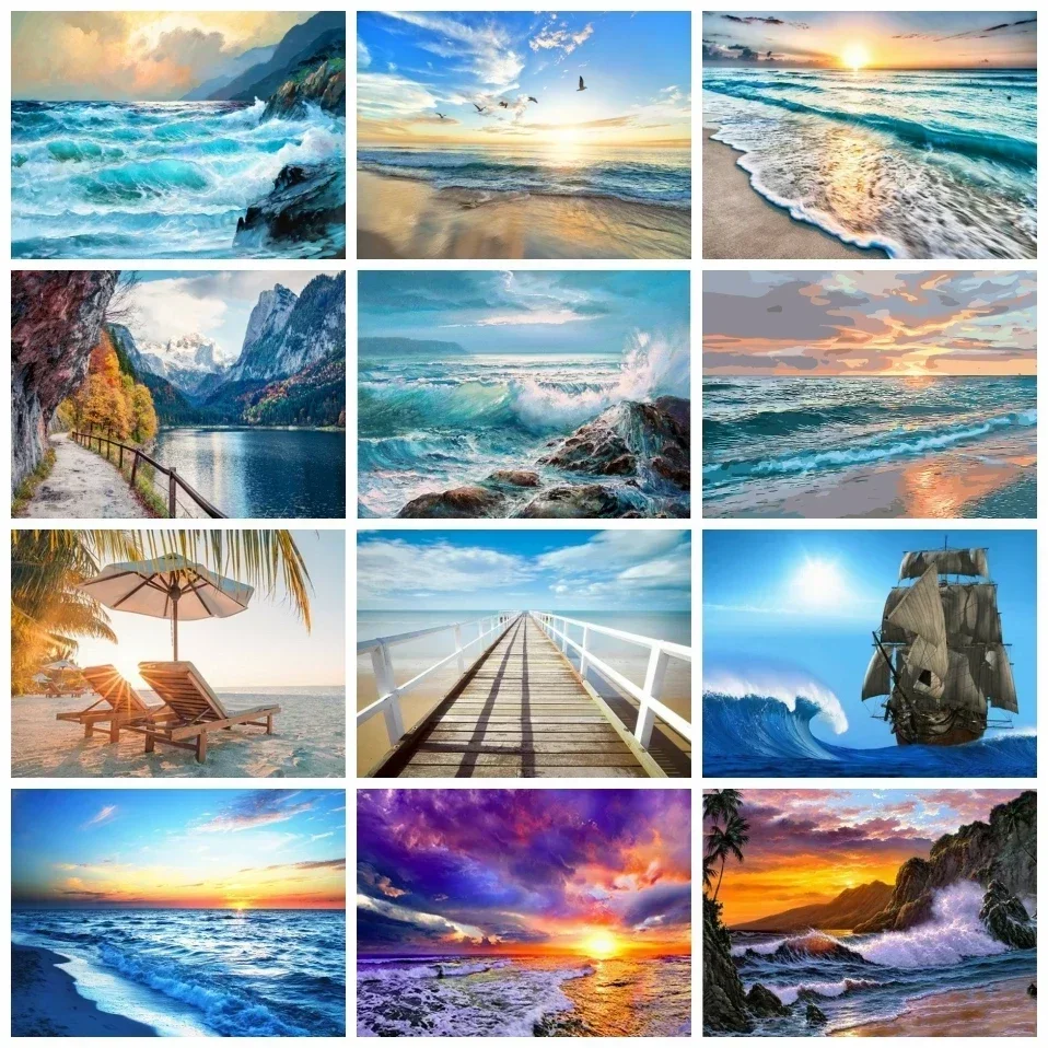 

545709 Painting By Number Scenery Sea Wave Landscape Hand Painted Wall Art DIY Frame Drawing On Canvas Sunset Beach Home Decor