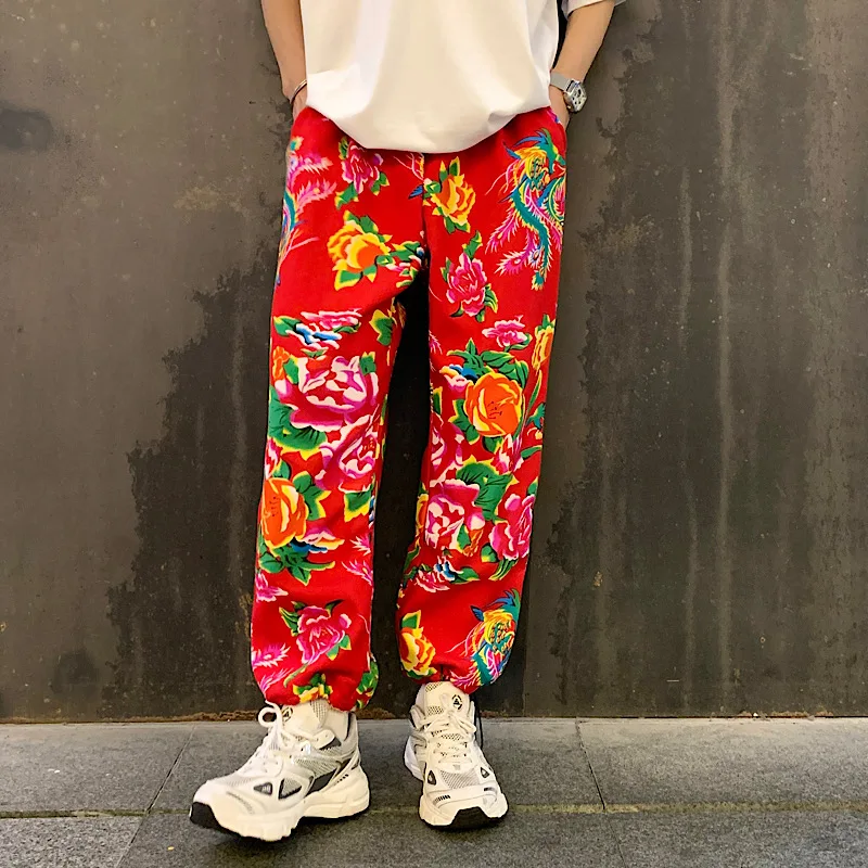 Pantalones bombachos con estampado de flores para hombre, Pantalón de algodón, Estilo Vintage, chino, Harajuku, informal, holgado, Retro, Plus