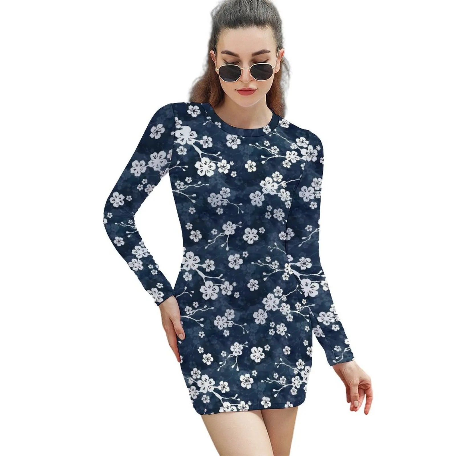 Blue Fower Print Bodycon Dress Autumn Cherry Blossom Elegant Dresses Womens Long Sleeve Graphic Street Wear Dress Big Size 2XL