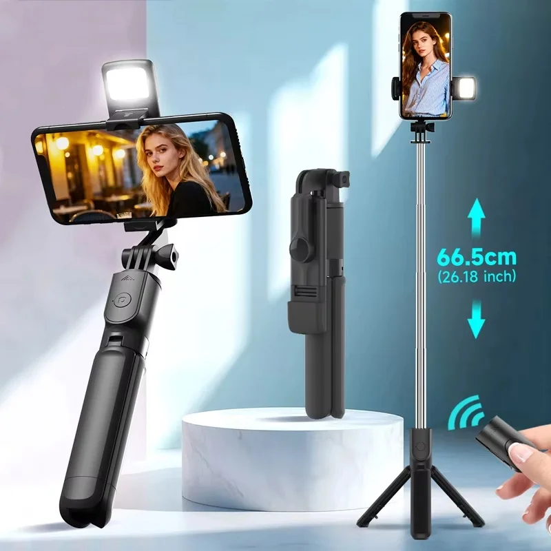 Tripé dobrável sem fio para selfie, tripé extensível com controle remoto bluetooth e luz led para transmissão ao vivo de celular