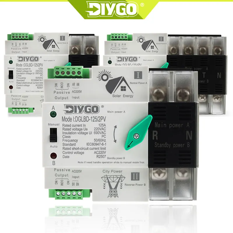 DIY GO Single Three Phase Din Rail ATS PV Inverter Dual Power Automatic Transfer Selector Switches Uninterrupted 2P 4P 125A