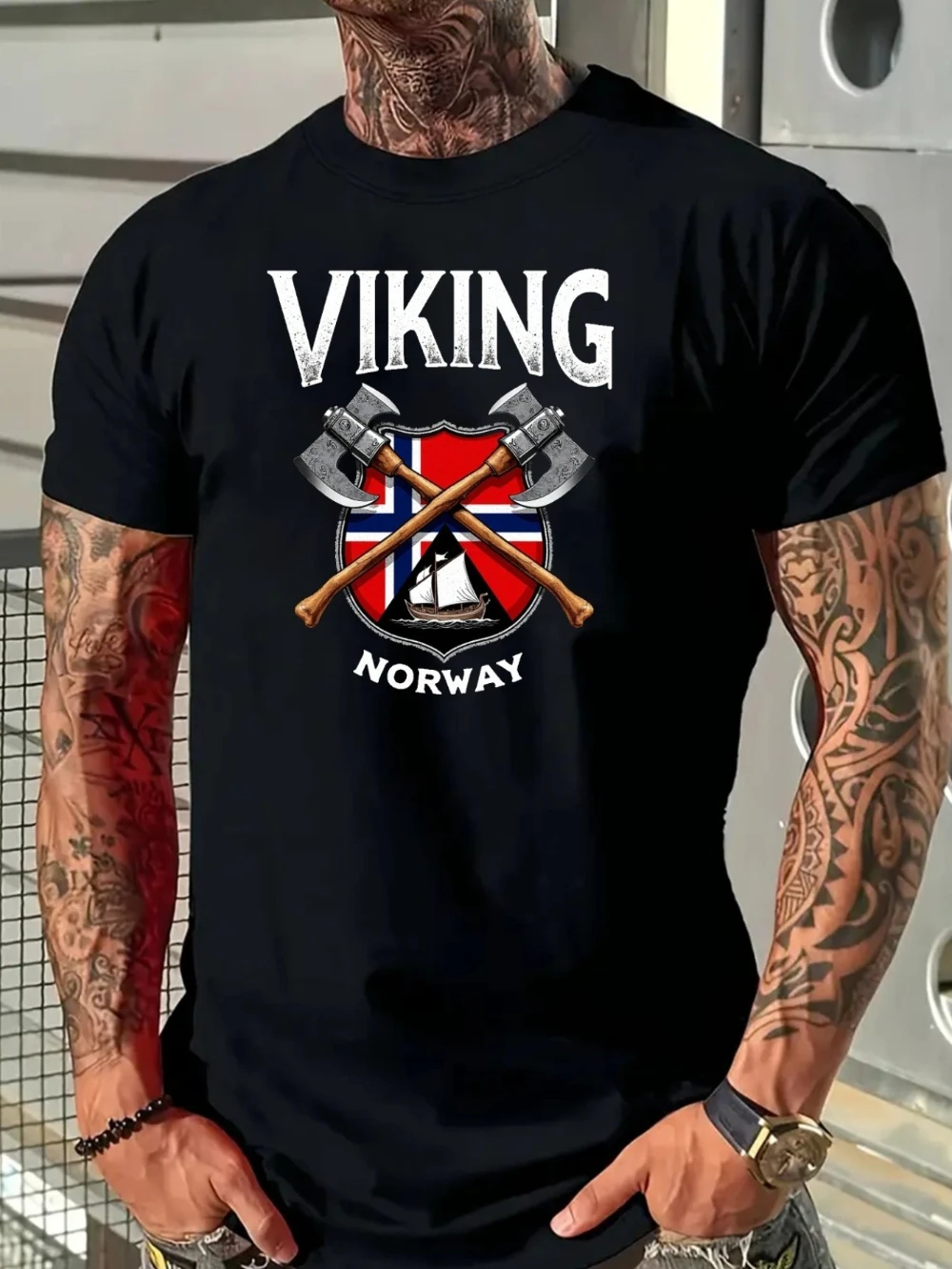 Men's Viking Norway Norse Viking Ship Viking Graphic T-Shirt Norwegian Flag Print Viking Longship Design Micro-Stretch Knit
