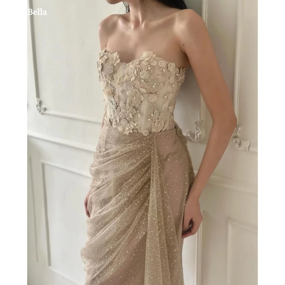 

Bella Customized Light Champagne Flowers Embroidery robes de soirée Strapless Backless Party Dresses Ankle-Length Prom Dress