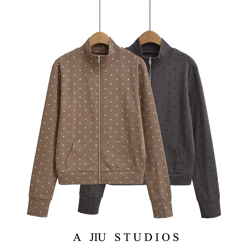 

Повседневная женская куртка с длинными рукавами, на молнии, с воротником-стойкой, винтажный кардиган с принтом в горошек, осенний топ