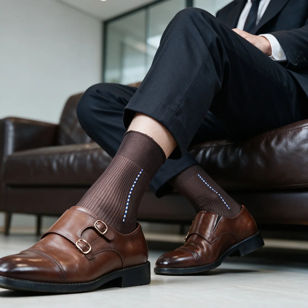Men's Sheer Dress Socks Ultra Thin See Through Ribbed Mid-Calf Business Formal Breathable Transparent Silk Nylon Suit Socks