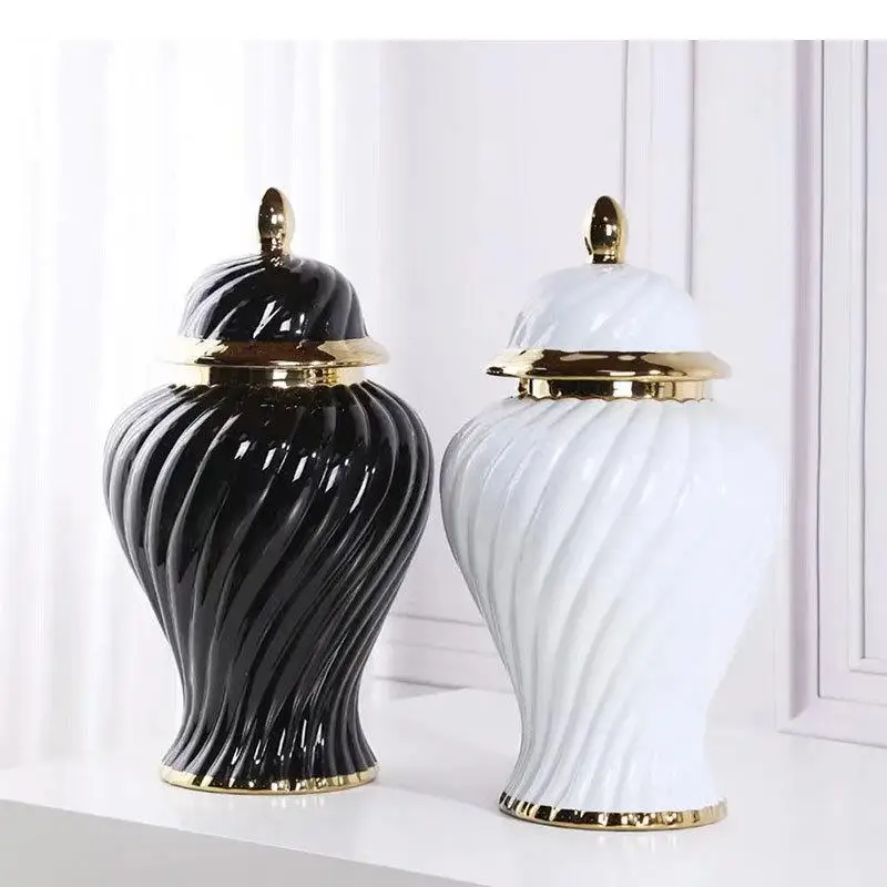 Gold Plated White Ceramic Storage Jar Flower Arrangement Desk Decoration Threaded General Ginger Jars Porcelain Jewelry Box